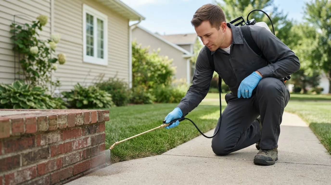 Pest control technician treating a home near Alsen, ND